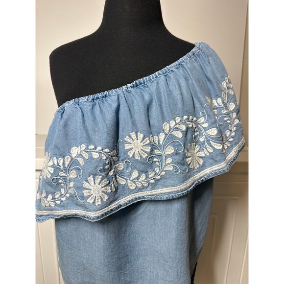 Rebecca Minkoff Rita Denim Chambray One Shoulder Embroidered Blouse Top Blue S - Picture 4 of 12